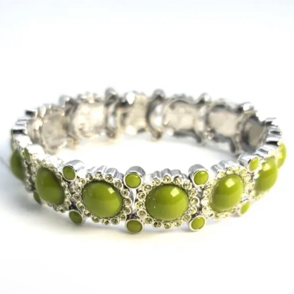 Lia Sophia Silver and Green Enamel & Crystal Stretch Bangle New!